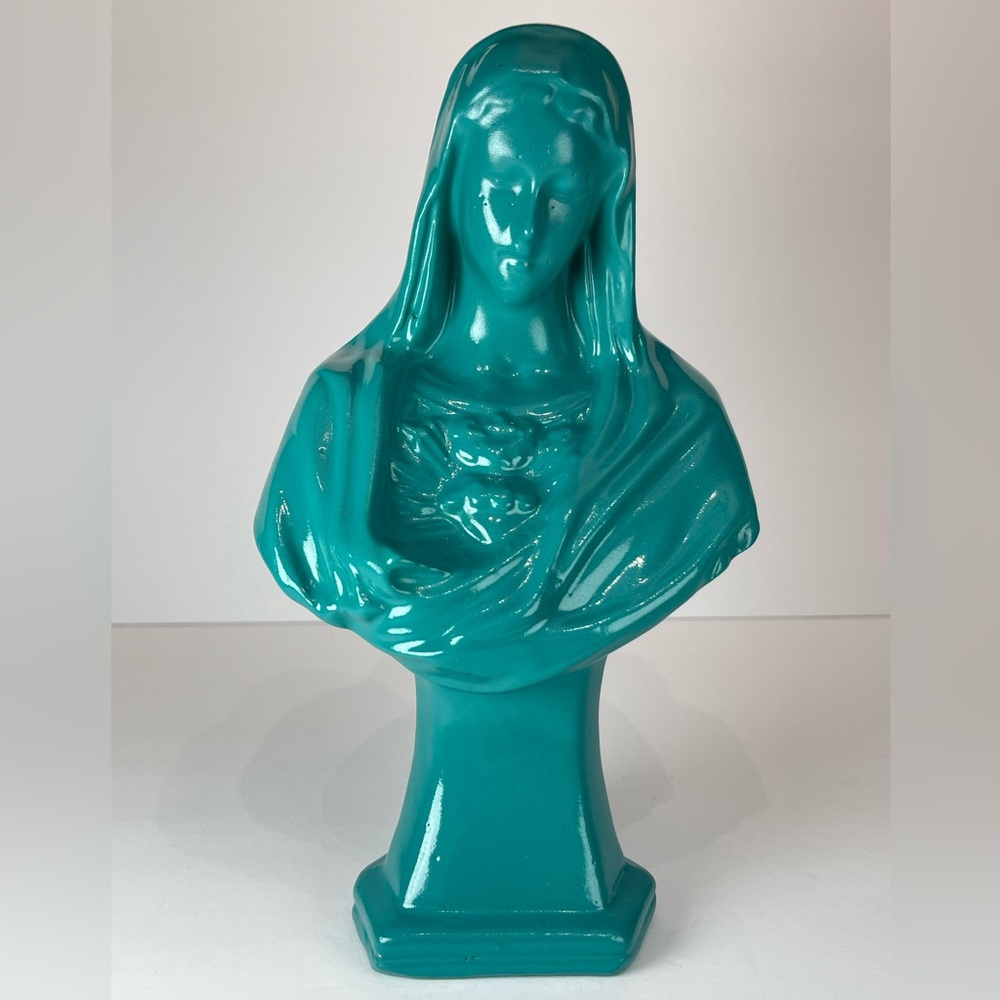 Vintage Mother Mary ceramic pedestal figurine, painted turquoise